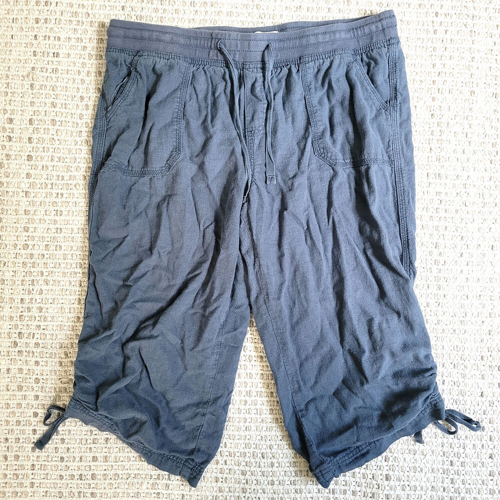 St. John's Bay Womens 12 Blue Capri Drawstring Pants Linen Rayon Coastal Beachy
